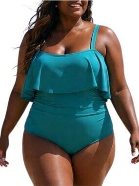 Bloomchic Plus Size 28 Swimsuit One Piece Ruffle Trim Teal Ruched Swimwear